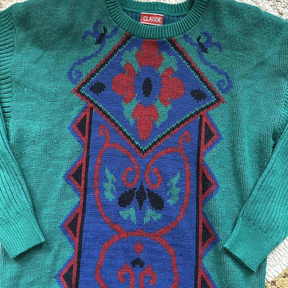Whimsical Vintage 80s Claude floral Aztec chunky ribbed green sweater size L - Picture 3 of 5